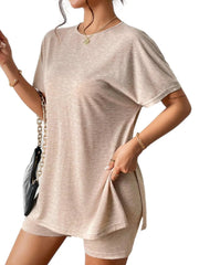 Slit Round Neck Short Sleeve Oversized Top and Shorts Set - kinko