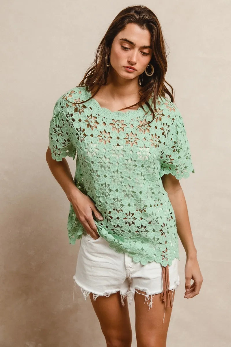 BiBi Openwork Crochet Short Sleeve Knit Top - kinko