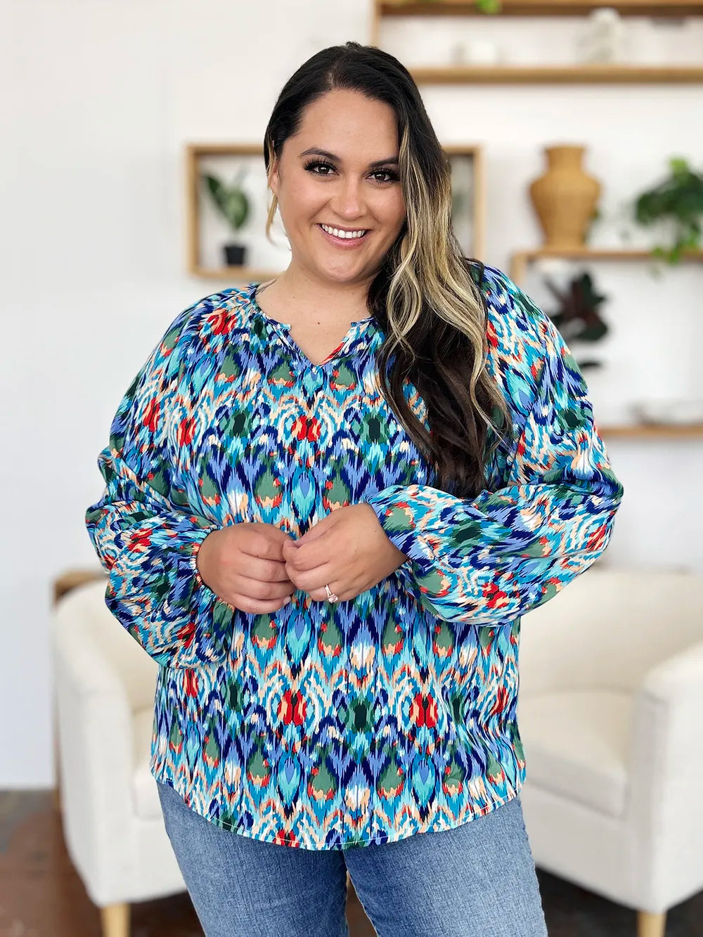 Double Take Full Size Printed Balloon Sleeve Blouse - kinko