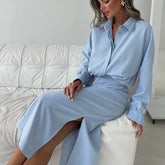 Cotton Lapel Long Sleeve Cardigan Top Split Skirt Commuting Suit - kinko