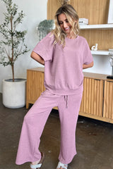 Double Take Full Size Texture Short Sleeve Top and Pants Set - kinko