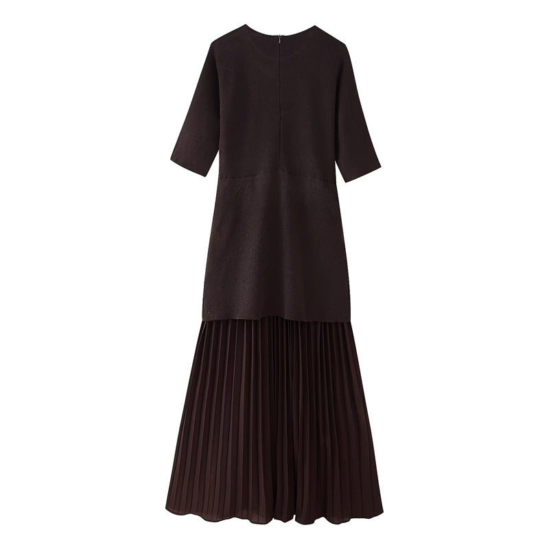Fashionable Elegant Brown Patchwork Pleated Dress - kinko
