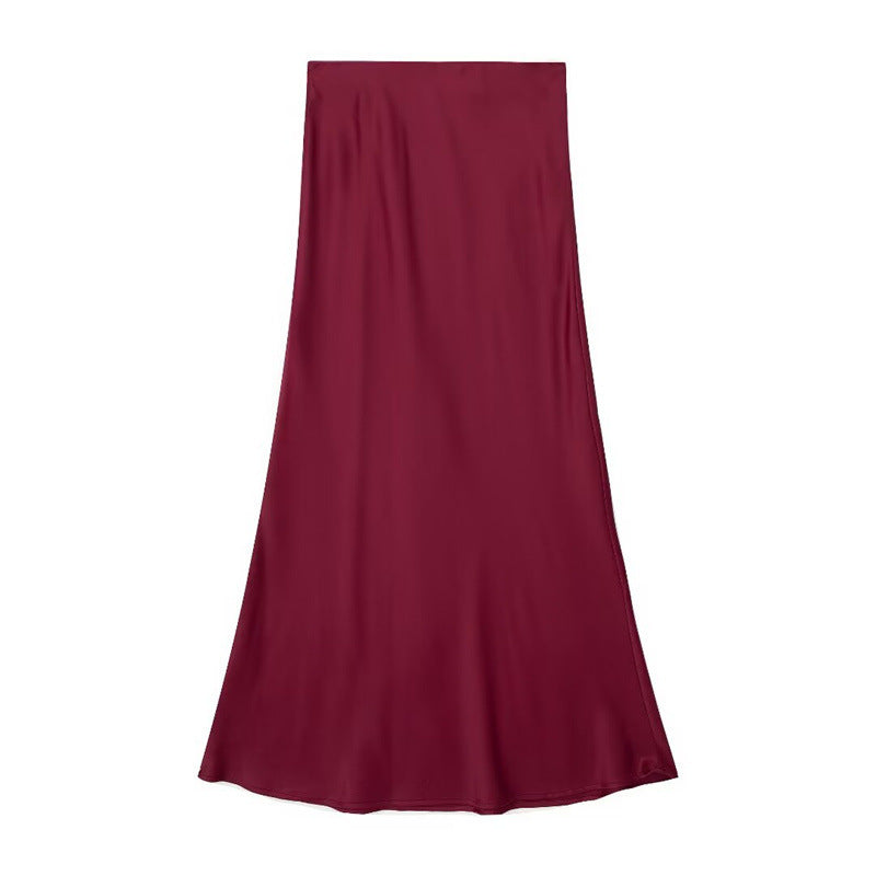 Solid Color Slim Silk Satin Texture Midi Skirt - kinko