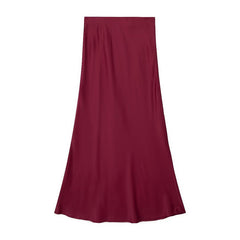 Solid Color Slim Silk Satin Texture Midi Skirt - kinko