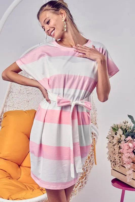 BiBi Tie Front Striped Short Sleeve Dress - kinko