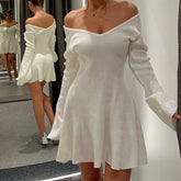 Sexy Slim V-Neck Long Sleeve Knitted Dress Fashion Tight High Elastic Ruffle A-Line Short Dresses Y2K Skirt Womens Clothing - kinko