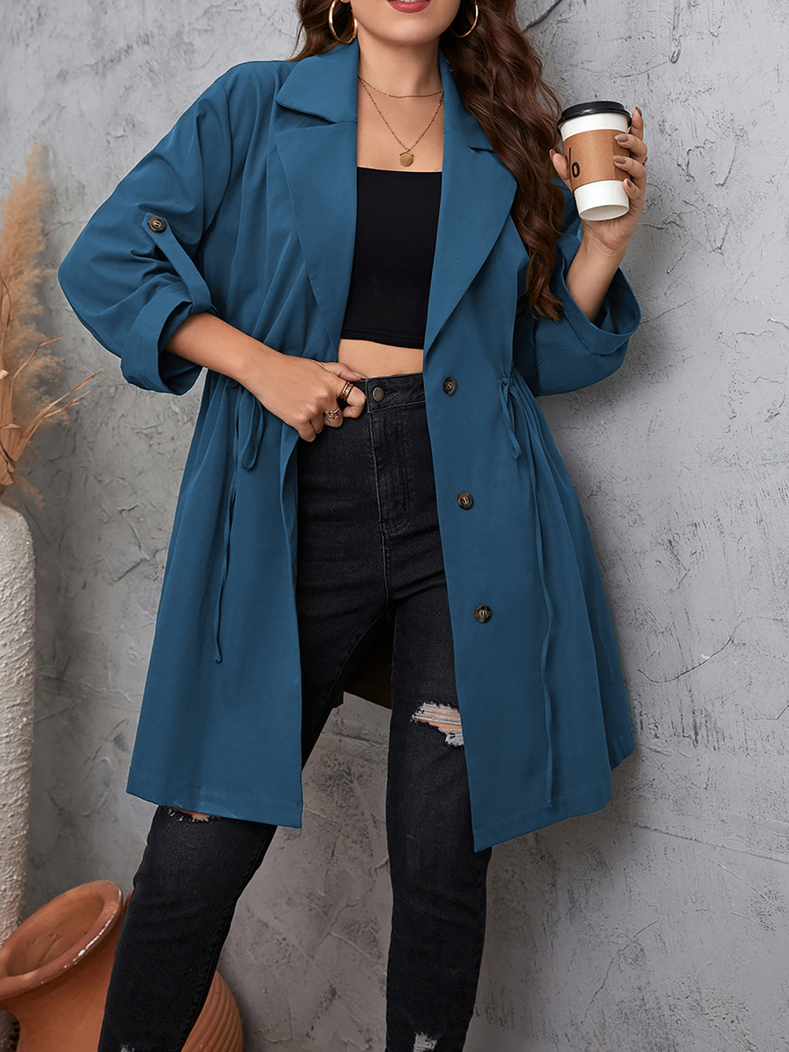 Honey Plus Size Lapel Collar Drawstring Roll-Tab Sleeve Trench Coat - kinko