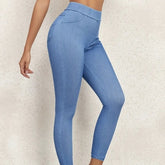 Ladies' Solid Color Denim Printed Tight Leggings, Casual High Waisted Daily Elastic Leggings - kinko