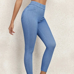 Ladies' Solid Color Denim Printed Tight Leggings, Casual High Waisted Daily Elastic Leggings - kinko