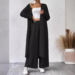 Plus Size Loose Long Shirt Wide Leg Pants Two-piece Set - kinko