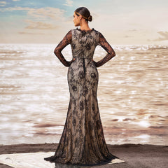 Long Sleeve Round Collar Gauze Sheath Fishtail Evening Dress - kinko