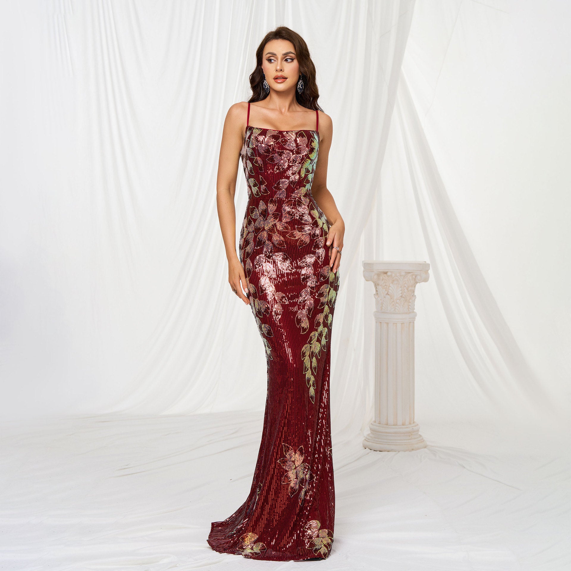 Sling Off-neck Sheath Sequined Banquet Fishtail Evening Dress - kinko