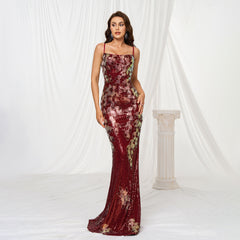 Sling Off-neck Sheath Sequined Banquet Fishtail Evening Dress - kinko
