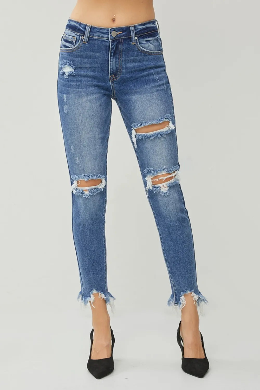 RISEN Distressed Frayed Hem Slim Jeans - kinko