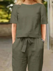 Full Size Round Neck Short Sleeve Top and Pants Set Plus Size - kinko