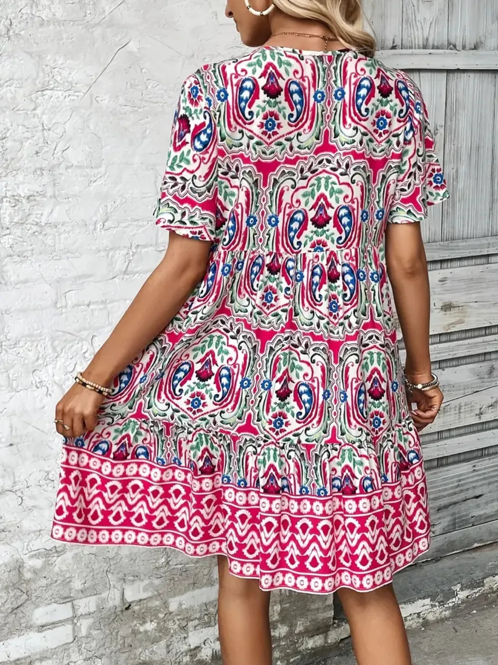 Printed Tie Neck Short Sleeve Dress - kinko