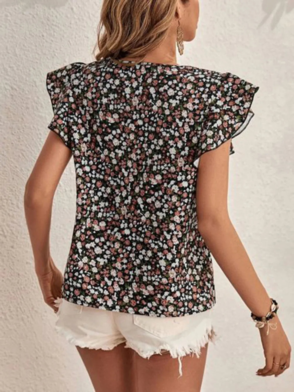 Ditsy Floral Round Neck Cap Sleeve Top - kinko