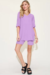 Basic Bae Bamboo Full Size V-Neck Drop Shoulder T-Shirt and Shorts Set - kinko