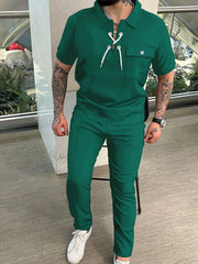 Men's Full Size Lace Up Short Sleeve Top and Pants Plus Size - kinko