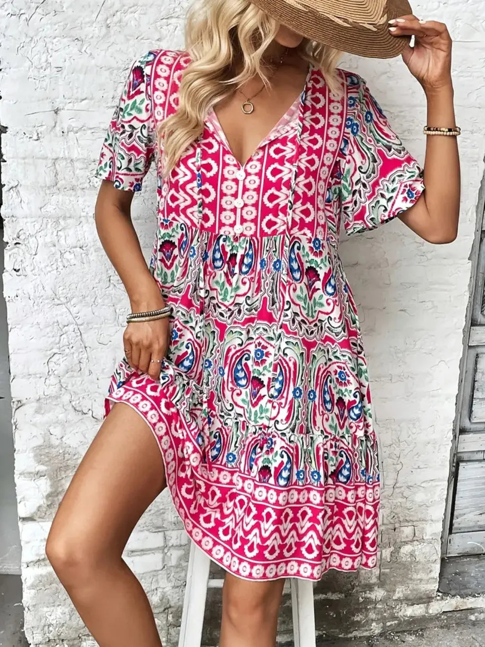 Printed Tie Neck Short Sleeve Dress - kinko