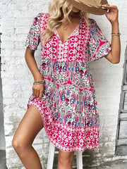 Printed Tie Neck Short Sleeve Dress - kinko