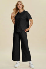 Double Take Full Size Texture Round Neck Short Sleeve Top and Pants Set - kinko