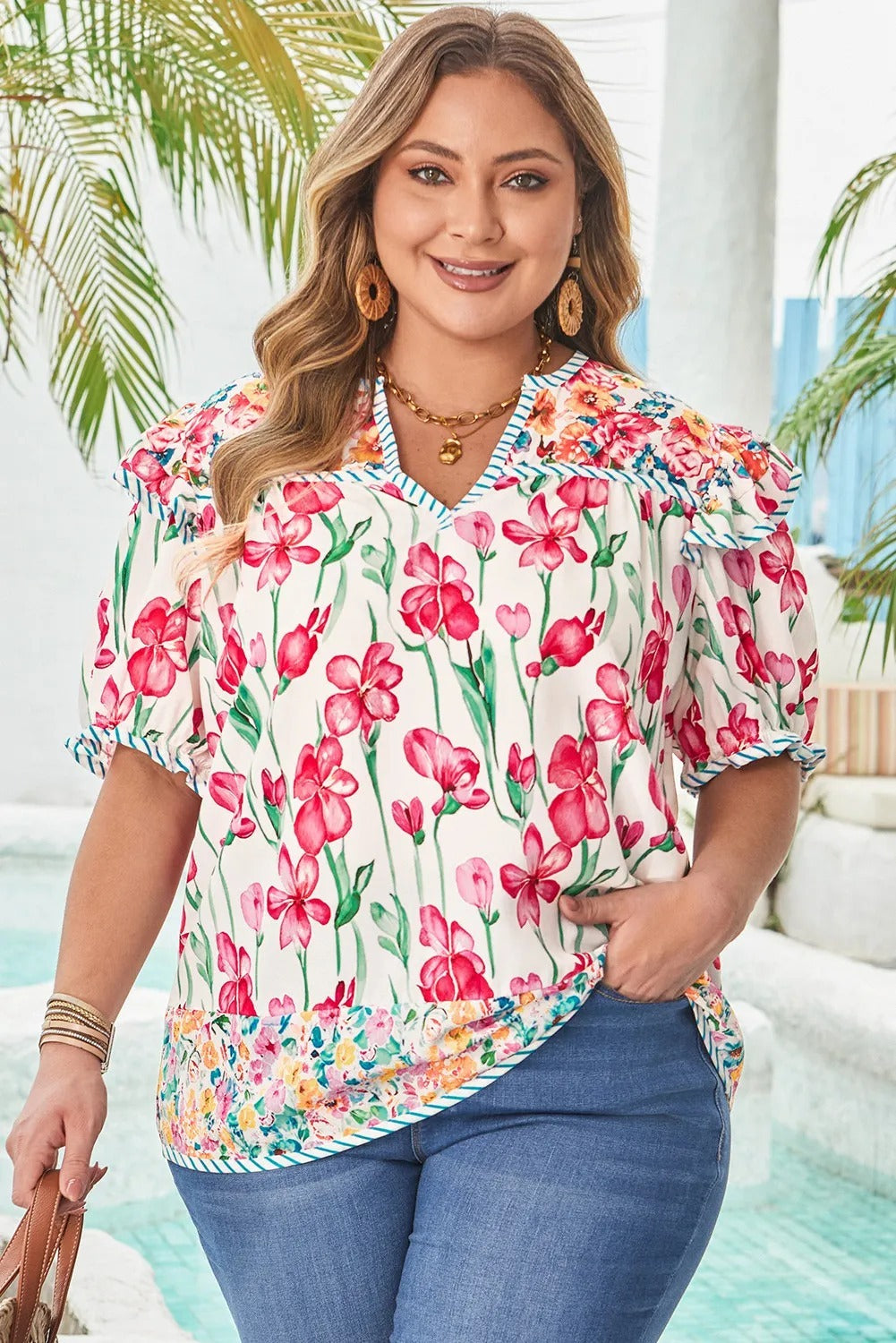 Plus Size Floral Print Striped Trim V Neck Blouse - kinko