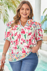 Plus Size Floral Print Striped Trim V Neck Blouse - kinko
