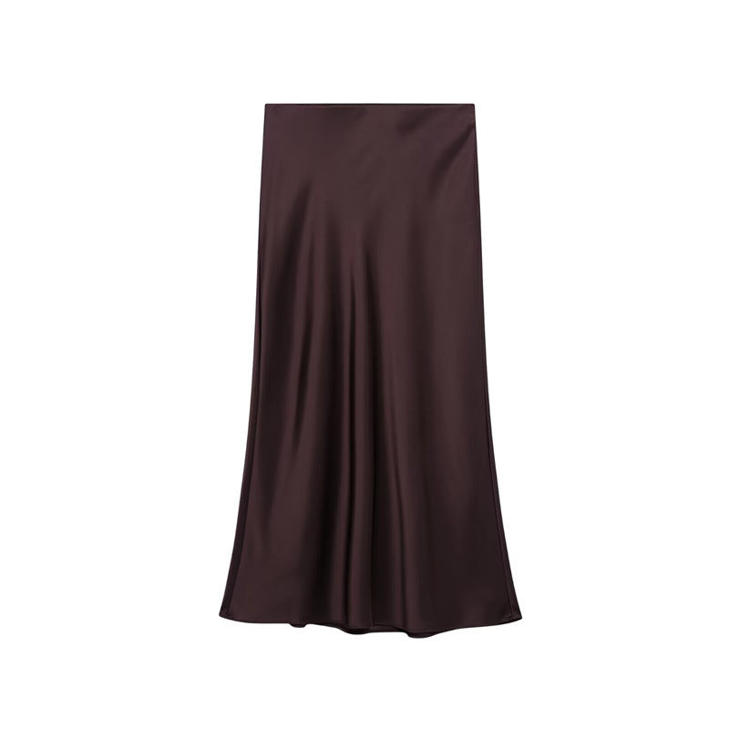 Solid Color Slim Silk Satin Texture Midi Skirt - kinko