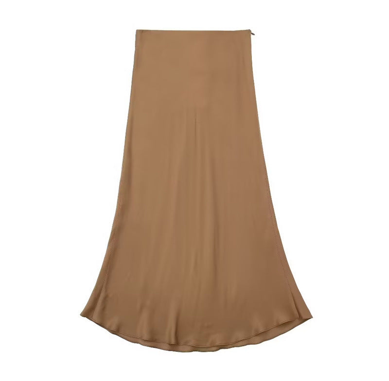 Solid Color Slim Silk Satin Texture Midi Skirt - kinko