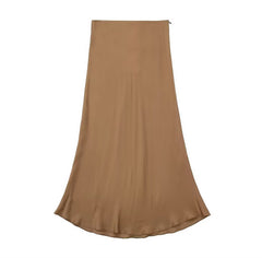 Solid Color Slim Silk Satin Texture Midi Skirt - kinko