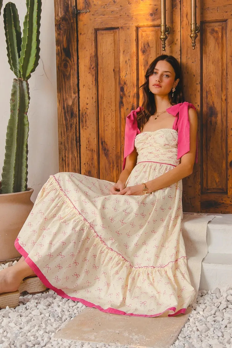 SO ME Ribbon Flowy Maxi Dress with Contrast Trim - kinko