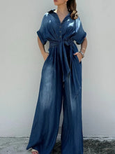 Button Front Wide Leg Denim Jumpsuit - kinko
