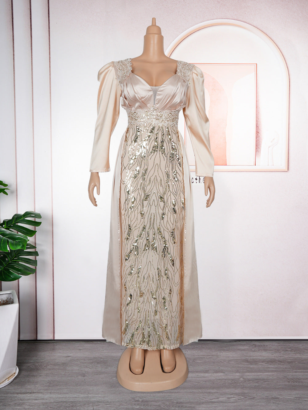 Plus Size Women's Dress V-neck Backless Sequined Evening Dress - kinko