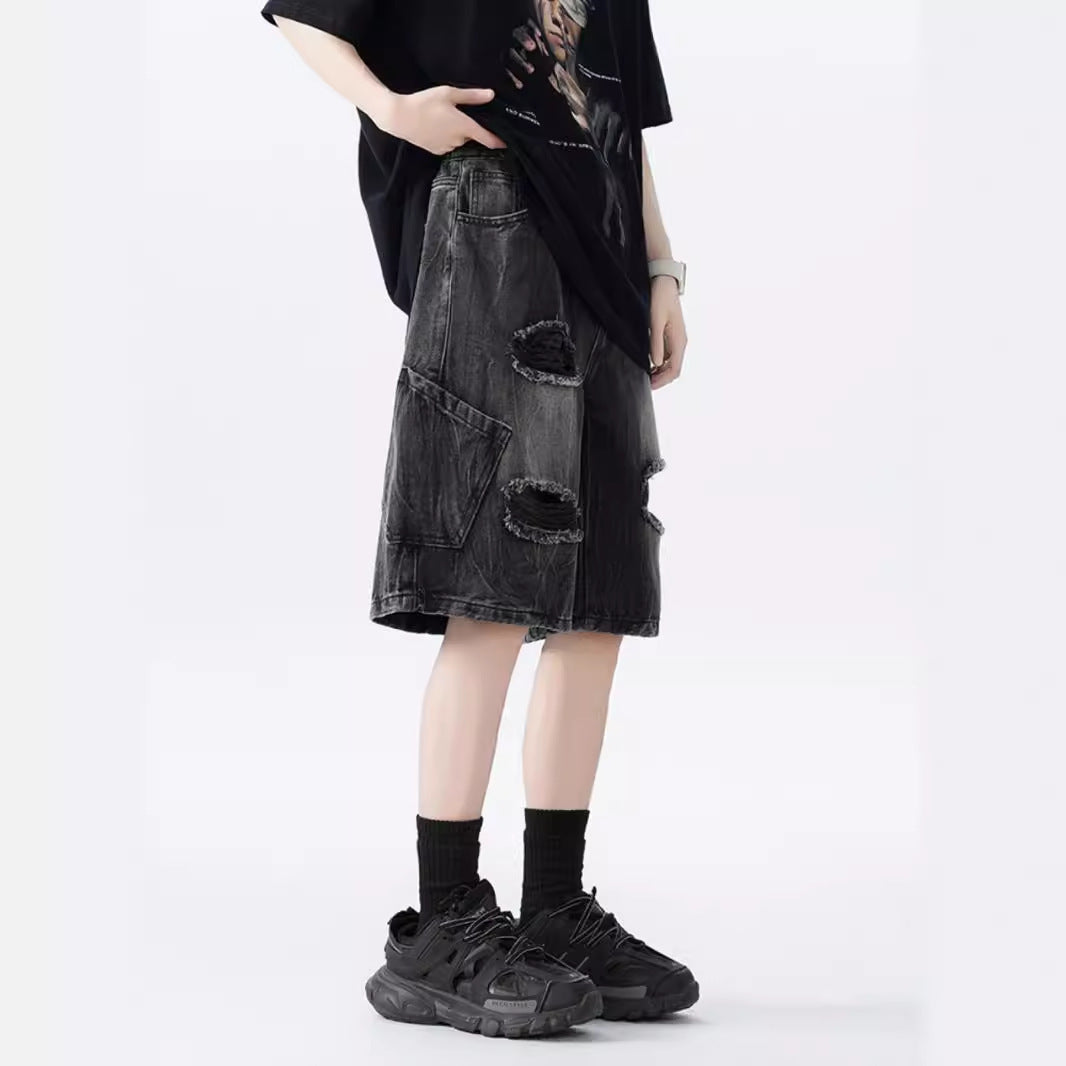 Washed Old Beautiful Ripped Denim Shorts - kinko