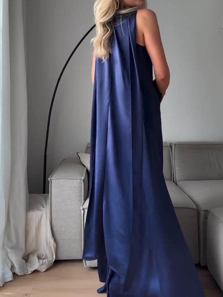 Royal Blue Satin Sleeveless Maxi Dress - kinko