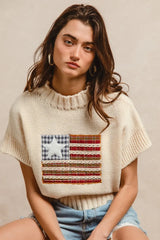 BiBi American Flag Patchwork Drop Shoulder Sweater - kinko