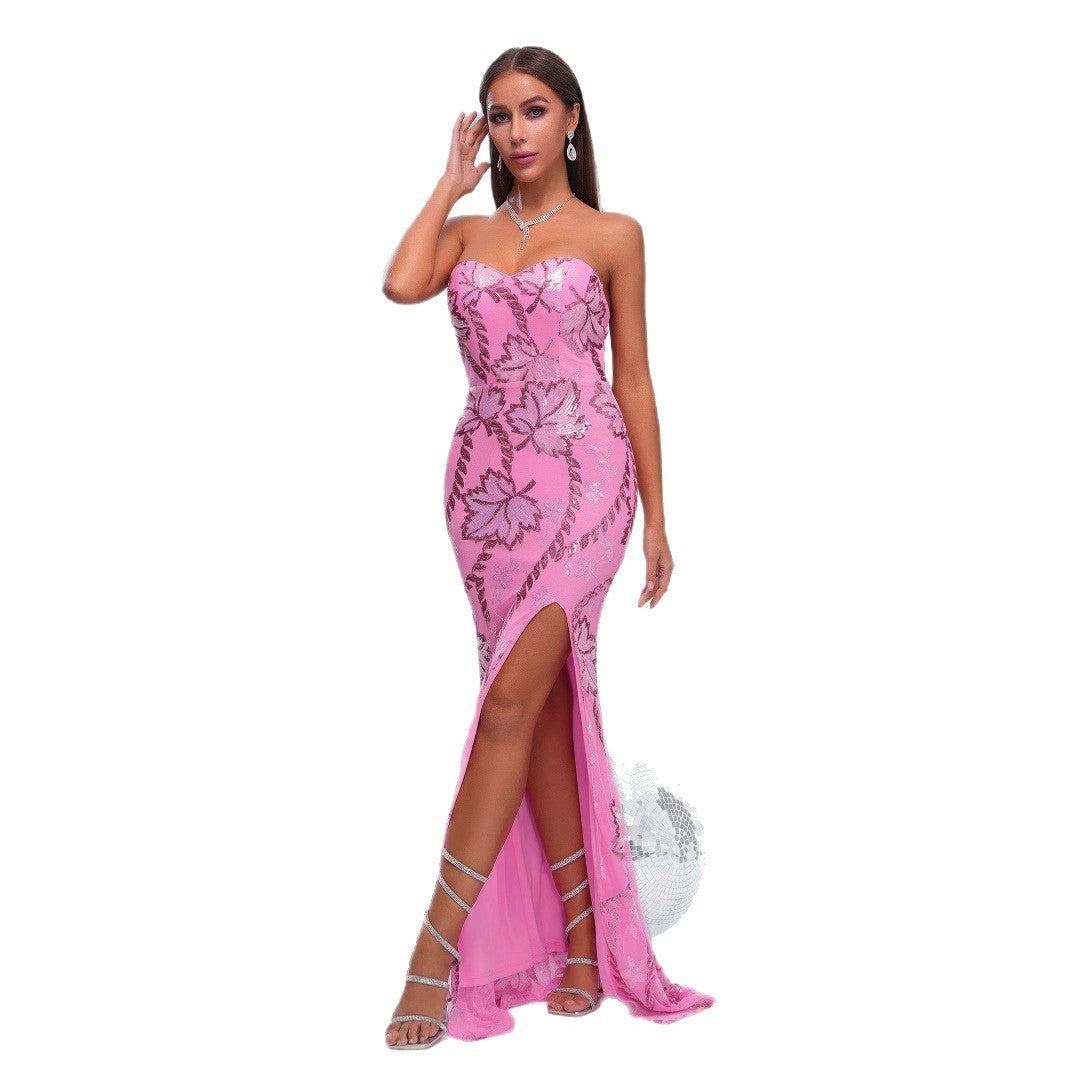 Wrapped Chest Off-neck Sheath Sequined Banquet Fishtail Evening Dress - kinko