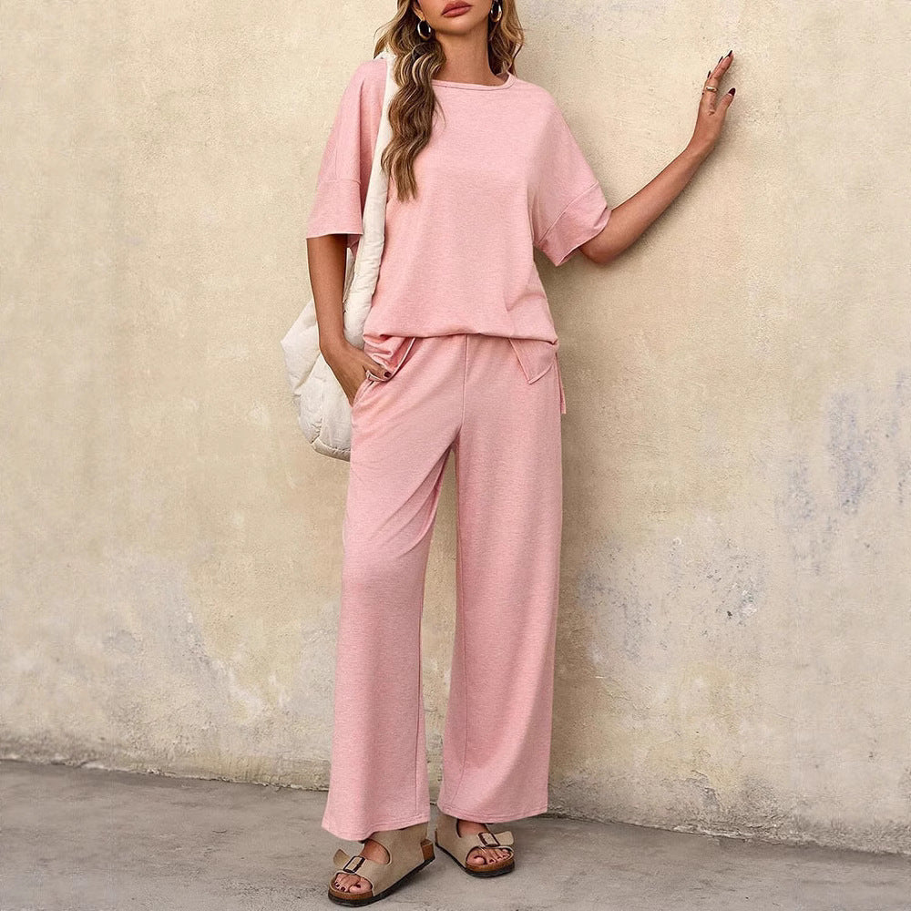 Short Sleeve Round Neck Top Wide Leg Pants Casual Women's Suit - kinko
