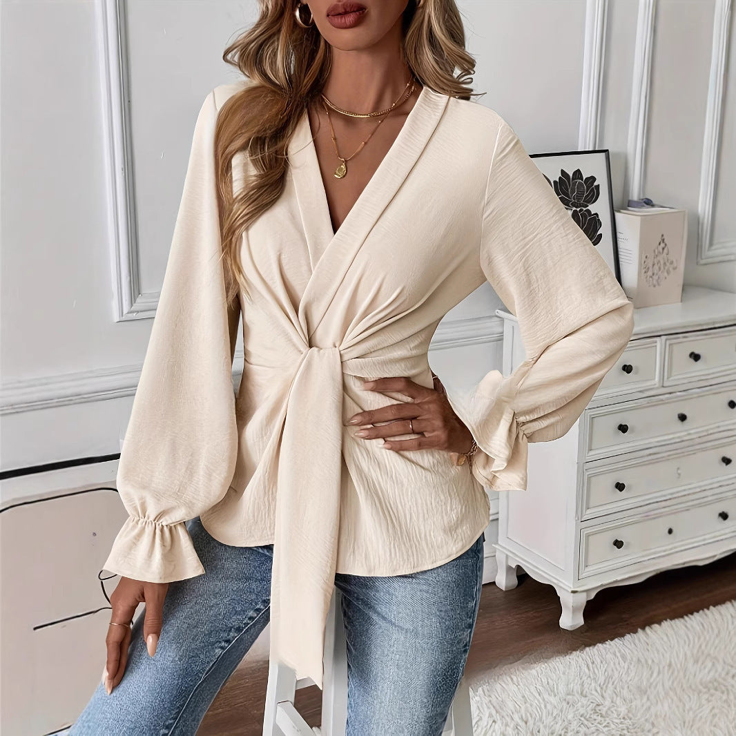 Women's Solid Color Elegant V-neck Long Sleeve Shirt Top - kinko