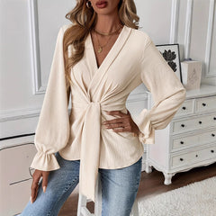 Women's Solid Color Elegant V-neck Long Sleeve Shirt Top - kinko