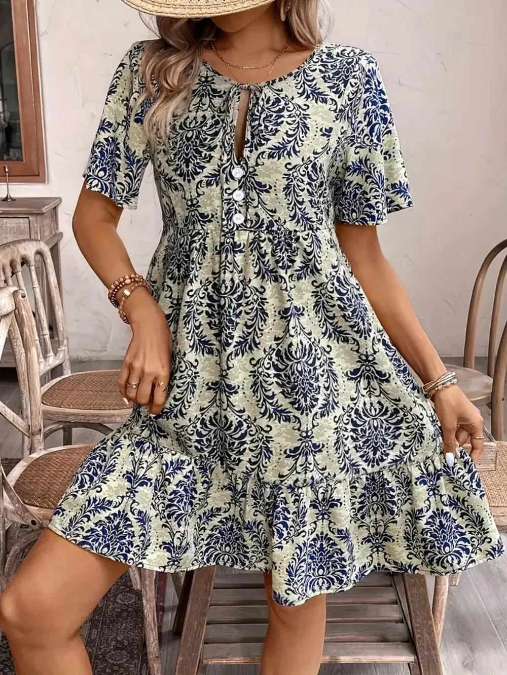 Printed Tie Neck Short Sleeve Dress - kinko