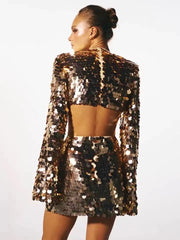Sweet And Spicy Women's Long Sleeve Round Neck Sexy Large Sequined Evening Dress - kinko
