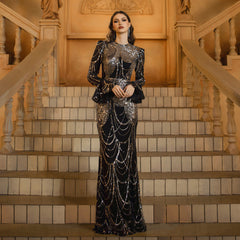 Long Sleeve Round Neck Slim-fit Sheath Sequined Banquet Fishtail Evening Dress - kinko