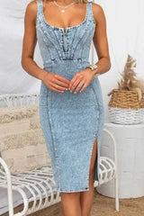 Side Slit Washed Scoop Neck Denim Dress - kinko