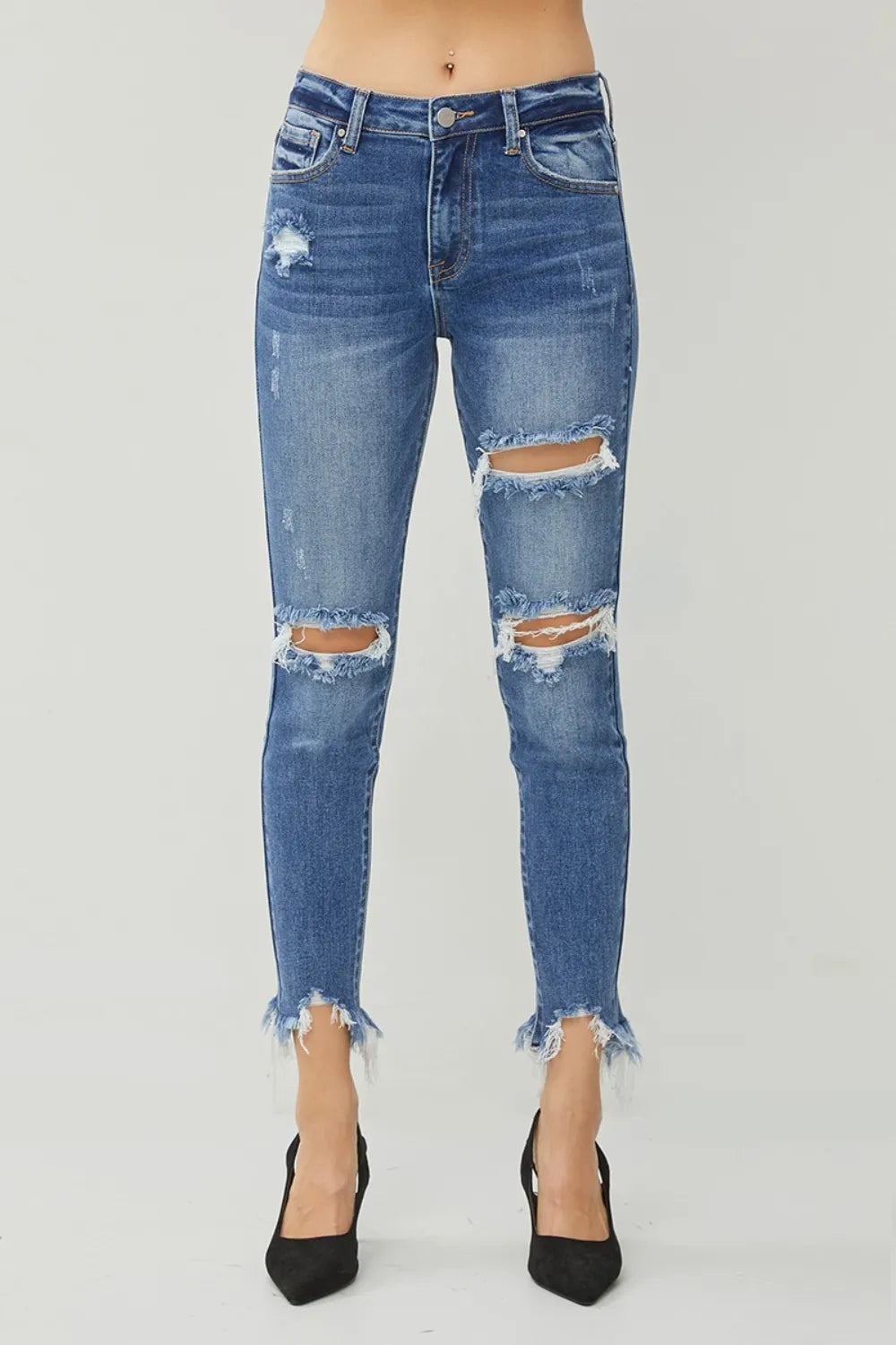 RISEN Distressed Frayed Hem Slim Jeans - kinko