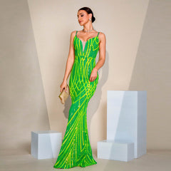 V-neck Strap Sequined Fishtail Evening Dress - kinko