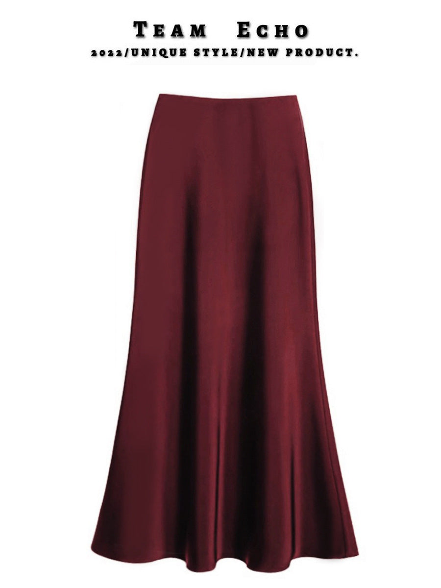 High Waist Slimming Mid-length Satin Acetate Silky Skirt - kinko