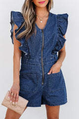 Denim Ruffled Zipped Front Belted Romper - kinko
