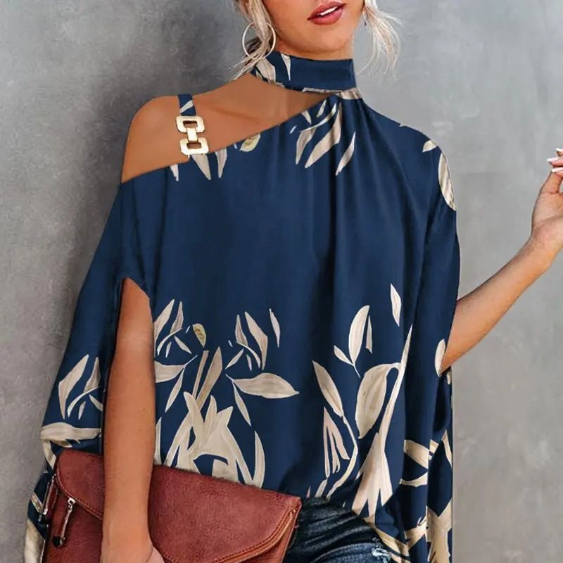 Wear Halter Shawl Printed Elegant Short Sleeve Bat Shirt - kinko